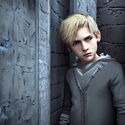 Prompt: A young blonde haired boy wearing thief clothes with daggers in an alleyway, epic fantasy, octane render, high detail, fantasy art, portrait