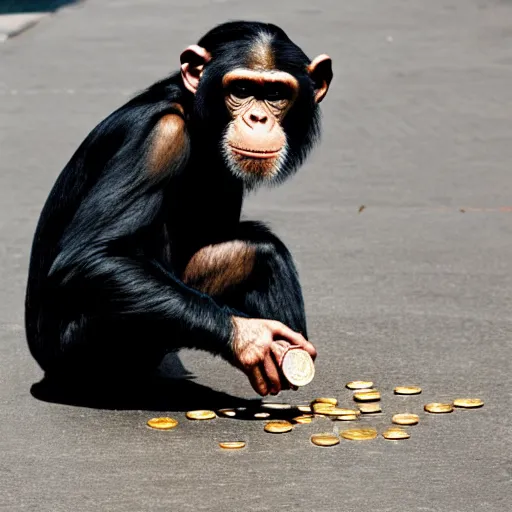 Prompt: a 5 0 mm photo of a chimpanzee in a business suit picking up pennies on a street in manhattan, hyperrealistic