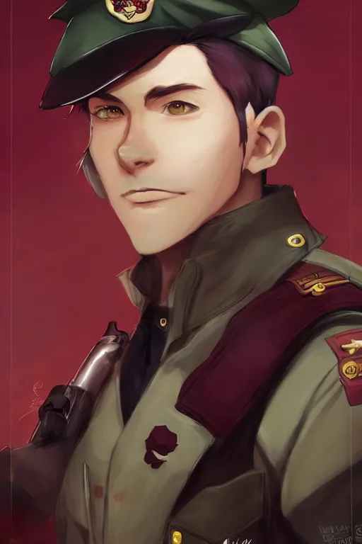 Image similar to beautiful portrait commission of a male furry anthro!!! fruit bat wearing military clothes and a maroon beret. Active Warzone with guns and explosions Atmospheric. Character design by charlie bowater, ross tran, artgerm, and makoto shinkai, detailed, inked, western comic book art