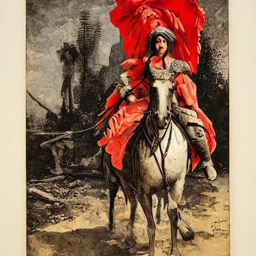 Prompt: by giovanni battista piranesi, by frederic remington 1 9 7 0 s era, cool subdued. a street art of a heroine riding on a magnificent red horse. traditional russian folk costume & headscarf. pale & beautiful, resolve in her eyes. horse's hooves churn up earth as they gallop, dark forest looms.