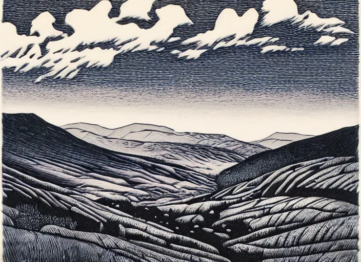 Image similar to an award winning wood engraving on paper of The highlands of Scotland