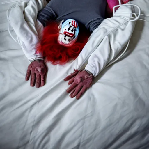 Image similar to crazy elderly clown supine in hospital bed, strapped into bed with restraints, trying to get out but unsuccessful, photograph, 8 k