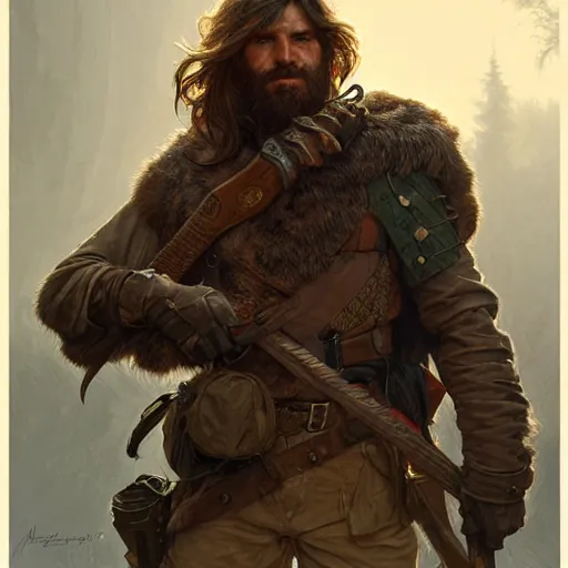 Image similar to portrait of a rugged ranger, full body, hairy torso, D&D, fantasy, intricate, elegant, highly detailed, digital painting, artstation, concept art, matte, sharp focus, illustration, art by Artgerm and Greg Rutkowski and Alphonse Mucha