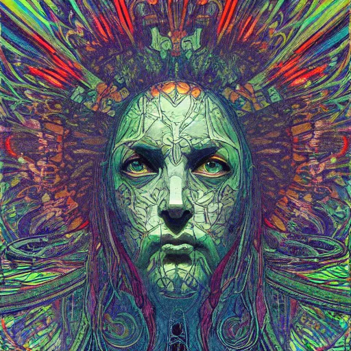 Image similar to psychedelic trippy iridescent illusionary art of facial expressions creepy eyes faces i'm nuclear explosions god judgemental gustave dore james gurney artstation alphonse mucha yoji shinkawa