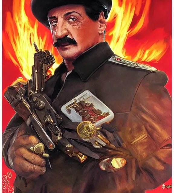 Image similar to sylvester stallone as stalin on fire,, cinematic, by greg rutowski, by greg rutkowski, by stanley artgerm, by alphonse mucha