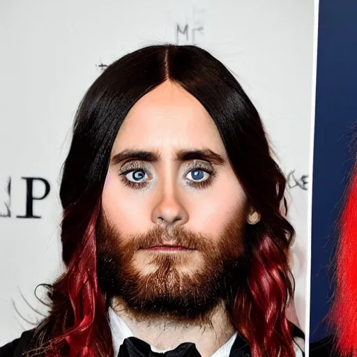 Prompt: photo of fat and sad jared leto with bright red hair and beard
