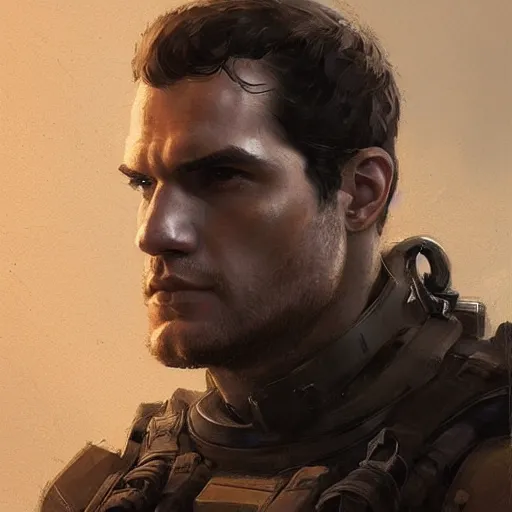 Image similar to portrait of a man by greg rutkowski, he looks like henry cavill, he is wearing a dieselpunk tactical armor gear, highly detailed portrait, digital painting, artstation, concept art, smooth, sharp foccus ilustration, artstation hq