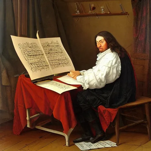 Image similar to highly detailed painting of bach writing a piece of music on a sheet of paper, he is inside of a wooden shack, 4 k resolution, by jaquis luis david, visible paint layers, renaissance.