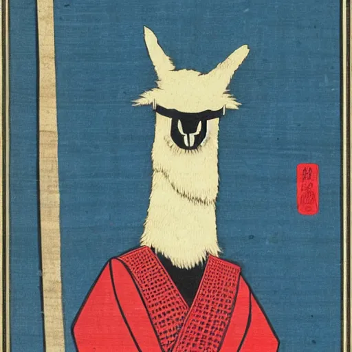 Prompt: japanese color woodblock print of a llama wearing a noh mask.