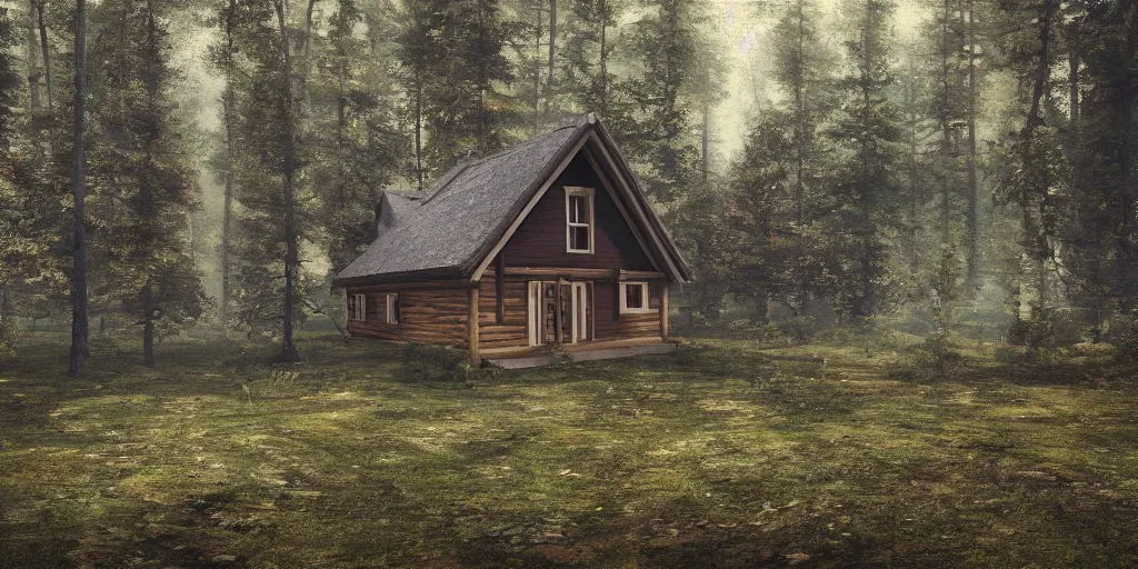 Image similar to a single cottage in the woods and empty woods, 8k, fantasy, hyper realistic, atmospheric