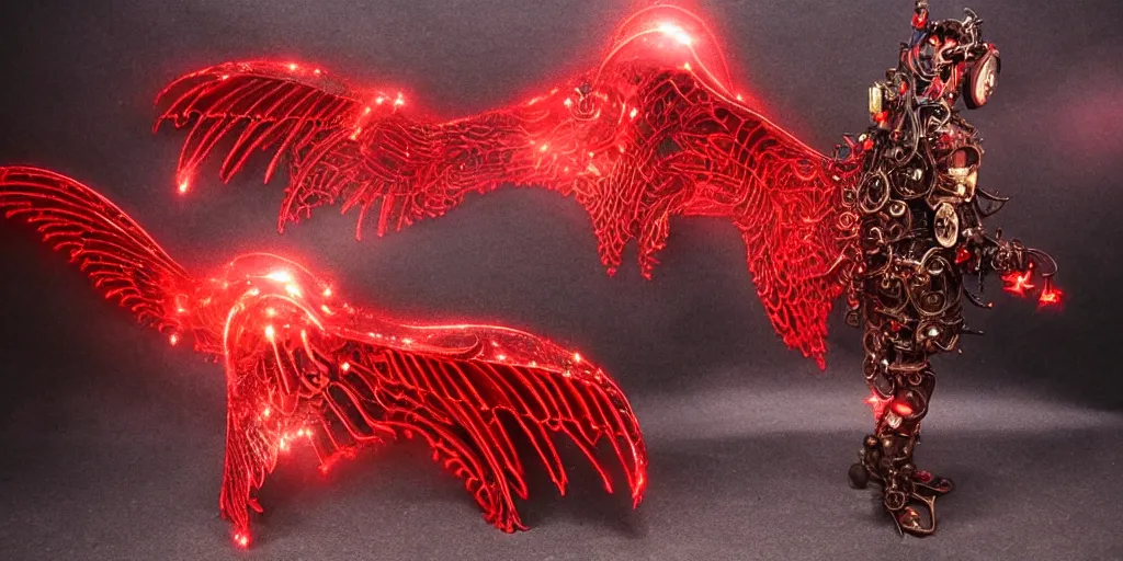 Image similar to pair of red mechanical demon wings, steampunk style, highly detailed, red houdini particle effects, glow, black background