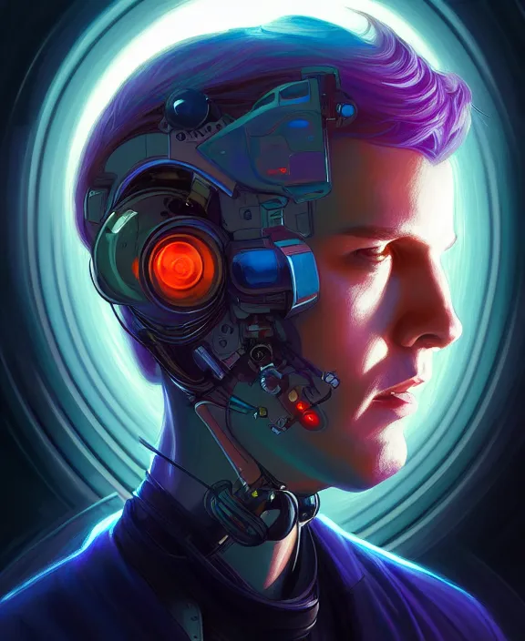 Image similar to a whirlwind inside the metaverse, guy, male, man, hologram, half body, neurochip, android, cyborg, cyberpunk face, by loish, d & d, fantasy, intricate, elegant, highly detailed, colorful, digital painting, artstation, concept art, art by artgerm and greg rutkowski and alphonse mucha