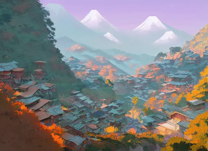 Image similar to concept art painting of a european japanese village in a valley seen from above, early morning, cel shaded, by makoto shinkai and moebius and anton fadeev and james gurney