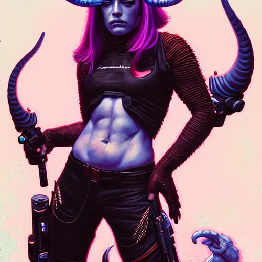 Prompt: portrait painting of a cyberpunk mercenary muscular emma stone with two big horns, sharp focus, award - winning, trending on artstation, masterpiece, highly detailed, intricate. art by josan gonzales and moebius and deathburger