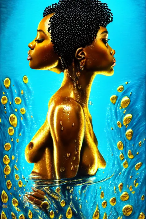 Image similar to hyperrealistic precisionist cinematic profile very expressive! black oshun goddess, in water! up to shoulders, mirror dripping droplet!, gold flowers, highly detailed face, digital art masterpiece, smooth eric zener cam de leon, dramatic pearlescent turquoise light on one side, low angle uhd 8 k, shallow depth of field