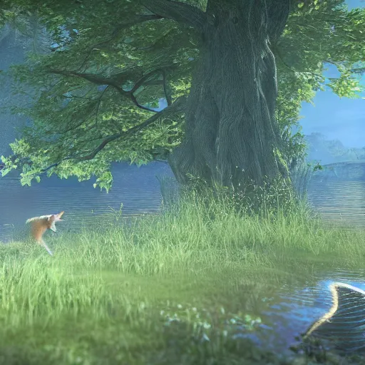 Prompt: final fantasy xiv miqote fishing near a lake in the forest, peaceful, dawn, in - game rendered, 4 k, detailed, warrior of light