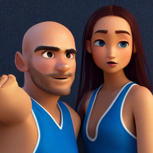 Image similar to young beautiful athletic Filipino woman with long hair standing beside a handsome caucasian athletic thin man with very short buzzed thinning hair, stubble beard on his face, blue eyes, they are posing, depicted as adult Pixar characters, high quality cg render, 4k