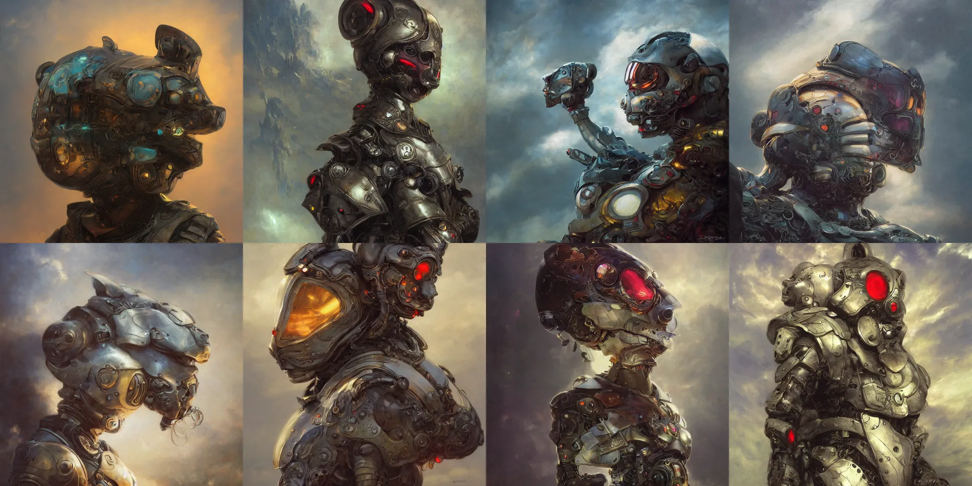 Image similar to portrait of epic anthropomorphic mouse cyborg neon armor, in clouds, cinematic studio light, windy, sunrise, wlop, by gerald brom, by mikhail vrubel, by peter elson, muted colors, extreme detail, trending on artstation