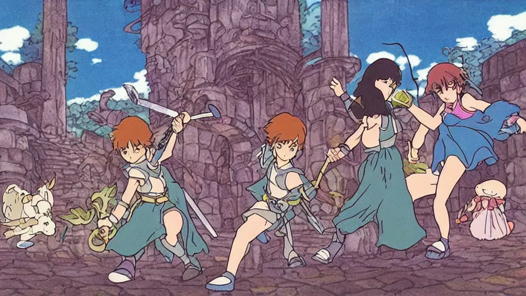 Image similar to 1 9 8 0 s “ studio ghibli ” anime featuring “ link ” with a fairy and “ princess zelda ” fighting against monsters in a dungeon labyrinth.