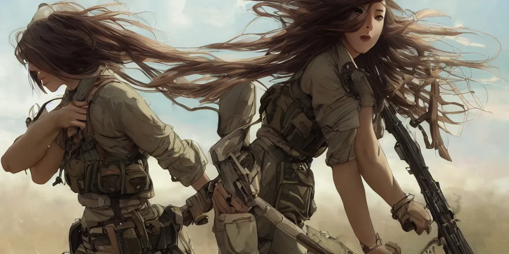 Image similar to soldier girl, alone, ground explosion, anime style, long hair, hair down, symmetrical facial features, under heavy fire, hyper realistic, pale skin, 4 k, rule of thirds, extreme detail, detailed drawing, trending artstation, hd, fantasy, d & d, realistic lighting, by alphonse mucha, greg rutkowski, sharp focus, backlit, soldier clothing