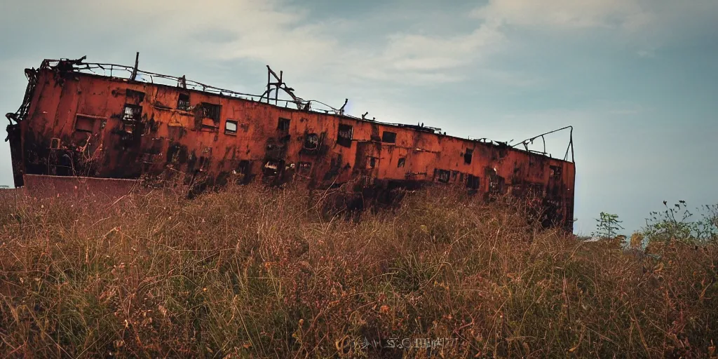 Image similar to a singular rusted abandoned cargo ship, overgrown, sparse foliage, rusted, adrift at sea, by Scott Listfield and Simon Stalenhag, , golden hour, oversaturated blues, velvia film