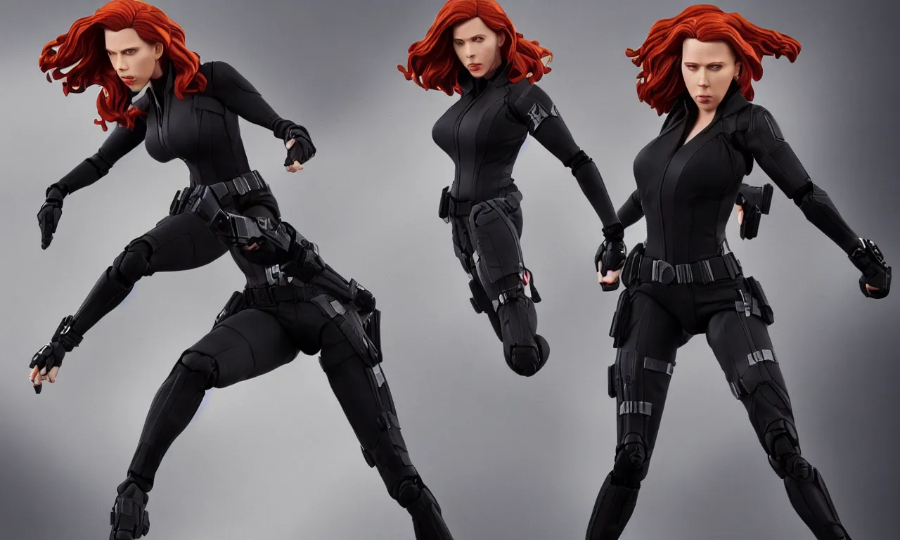 Image similar to action figure of Black Widow Scarlett Johansson in a dynamic pose, full subject in frame, deep color, low key lighting, cinematic lighting, artstation trending,