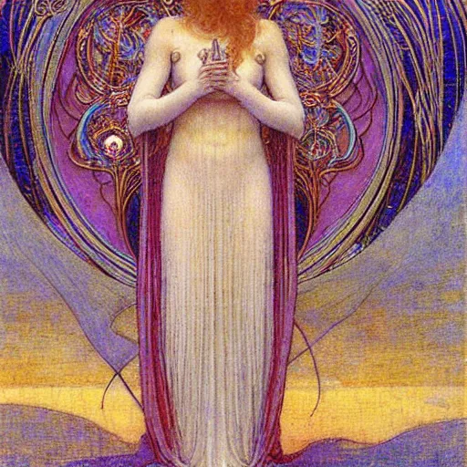 Image similar to a beautiful young medieval queen by jean delville, art nouveau, symbolist, visionary, gothic, celestial, whimsical, magical, airy