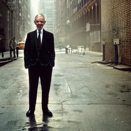 Prompt: closeup portrait of a snake oil salesman in a smoky new york back street, by Annie Leibovitz and Steve McCurry, natural light, detailed face, CANON Eos C300, ƒ1.8, 35mm, 8K, medium-format print