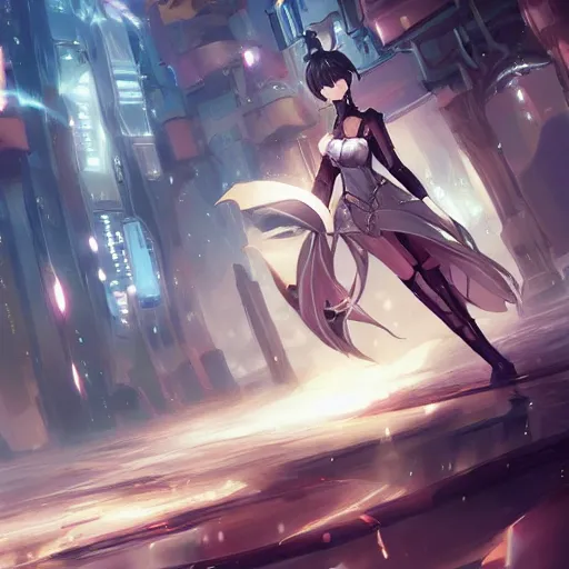 Prompt: A realistic anime painting of a beautiful female knight standing in a futuristic city. digital painting by Sakimichan, Makoto Shinkai, WLOP, Rossdraws, Pixivs and , digital painting. trending on Pixiv. SFW version —H 1080 —W 1920