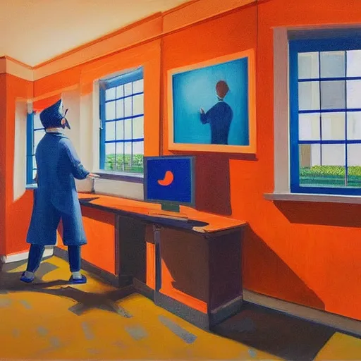 Prompt: A fine art painting of a man wearing Vr goggles dressed in orange overalls and creating the metaverse at a desk with screens, view from outside through a window on a British street. In the style of Edward Hopper and Wes Anderson