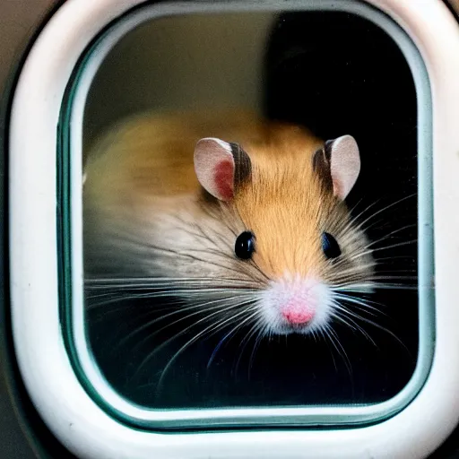 Image similar to photo of a hamster inside a train, looking out of a train window, various poses, unedited, soft light, sharp focus, 8 k