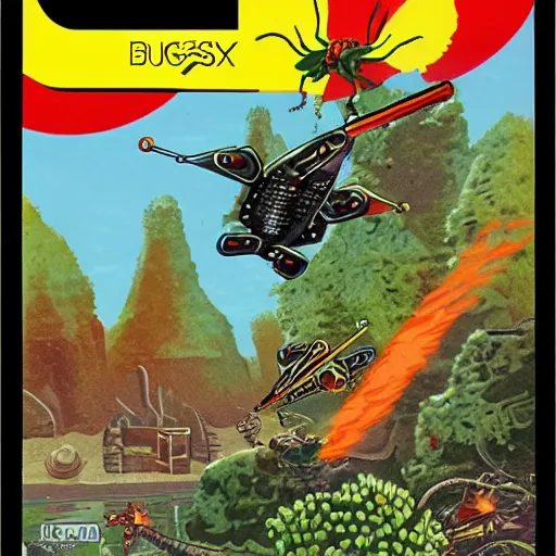 Prompt: video game box art of a commodore 6 4 game called bugs and flamethrowers, 4 k, highly detailed cover art.