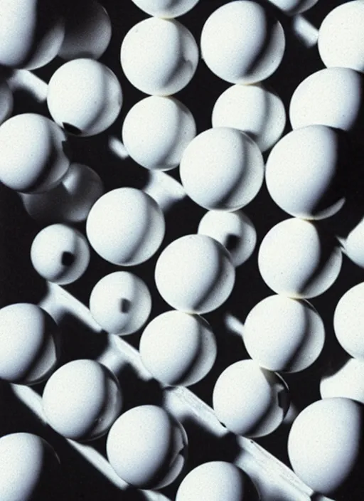 Image similar to realistic object photo of ping pong balls sculpture, readymade, dadaism, fluxus, 1 9 9 0, life magazine photo