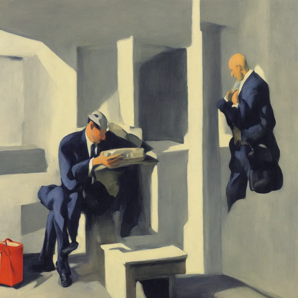 Prompt: Man in a business suit with a bag covering his head, by Edward Hopper