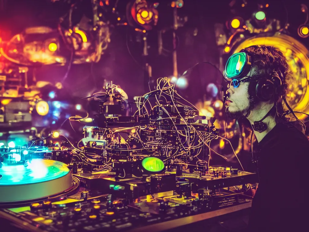 Image similar to a person wearing goggles and visor and headphones using a steampunk record player contraption, wires and tubes, turntablism dj scratching, intricate planetary gears, cinematic, imax, sharp focus, leds, bokeh, iridescent, black light, fog machine, hazy, lasers, hyper color digital art, cyberpunk