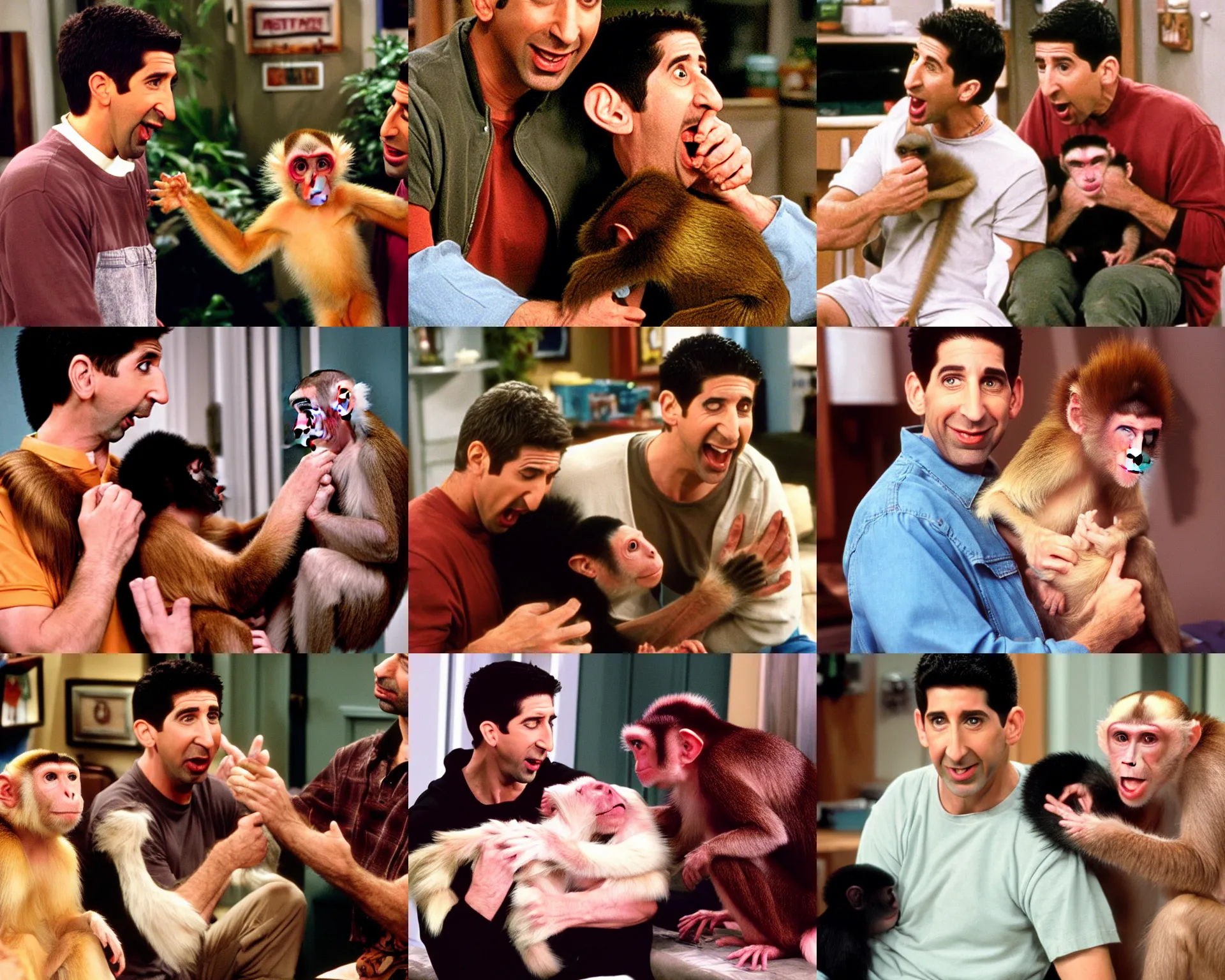 Prompt: ross geller in his apartment being bitten on the arm by a capuchin monkey, ross geller screaming, friends 9 0 s sitcom, kodak porta,