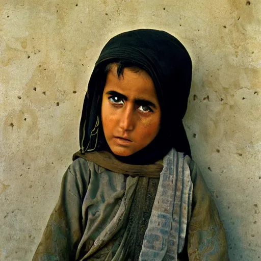 Prompt: nicholas cage as a little afghani girl close - up by steve mccurry