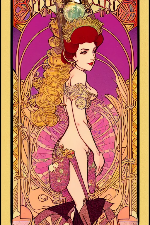 Image similar to full length portrait of princess peach art nouveau, tarot card by mucha, gaudy colors, sharp edges, octane render, intricate linework.