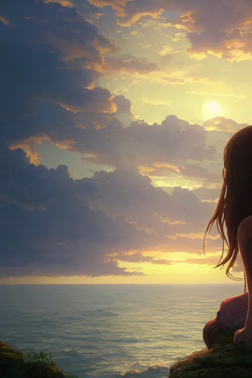 Image similar to a highly detailed matte painting of a girl watching beautiful sunset by studio ghibli, makoto shinkai, by artgerm, by wlop, by greg rutkowski, volumetric lighting, octane render, 4 k resolution, trending on artstation, masterpiece