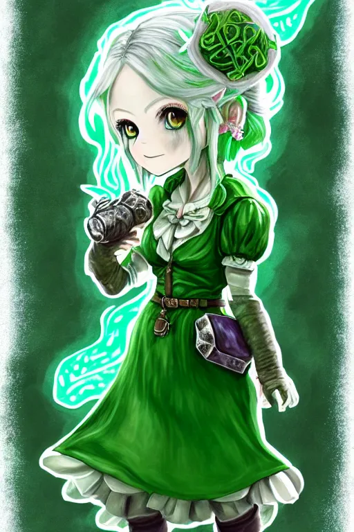 Prompt: a portrait of girl farmer wearing green dress, magic potion, silver magic, fantasy, dungeons and dragons, an ultrafine detailed painting, chibi, detailed painting, boris valejo. octopath traveler decal!!!