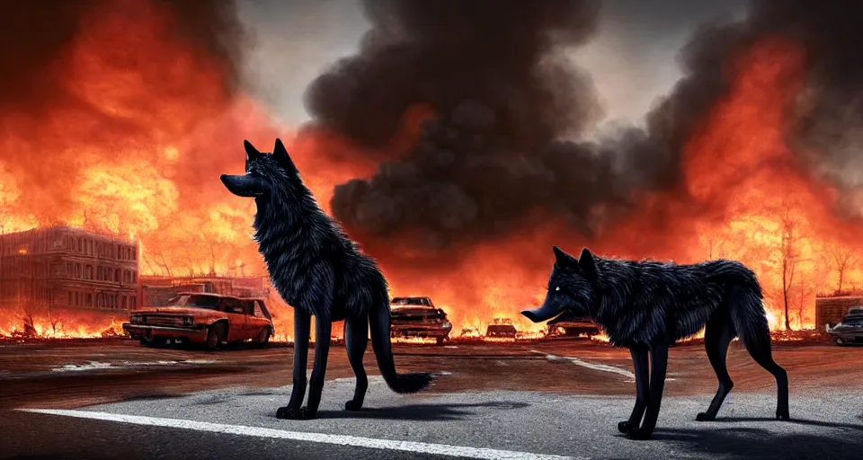 Image similar to A beautiful hyper realistic ultra detailed lifelike matte painting of a scruffy black Timber Wolf standing in the middle of a post-apocalyptic New York City street with cars and buildings engulfed in flames on fire, unreal engine, deviantart, flickr, artstation, octane render, textured, colorful, extreme realistic detail, physically based rendering, pbr render, very detailed, volumetric lighting, detailed lighting, octane render, 4k, cinematic lighting, 8k resolution