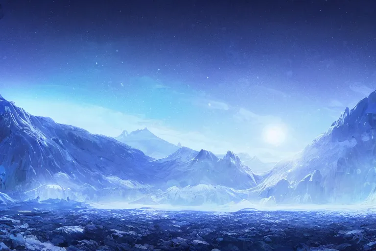 Image similar to blue themed ice crystal landscape, meteor shower, epic, miyazaki style, cinematic, indie, highly detailed, featured on artstation, highly detailed, abstract