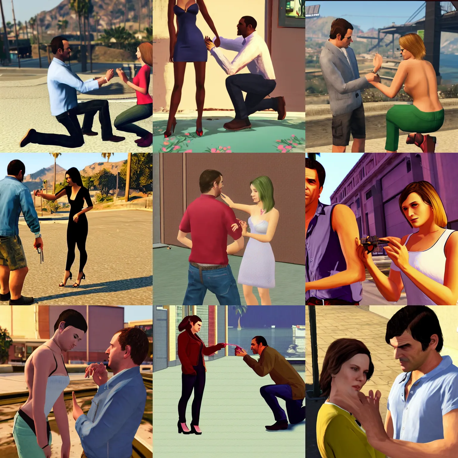 Image similar to Man proposing his girlfriend, ultra quality, high graphical fidelity, GTA V characters