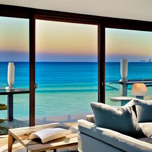 Prompt: beautiful beach view from a modern luxury livingroom