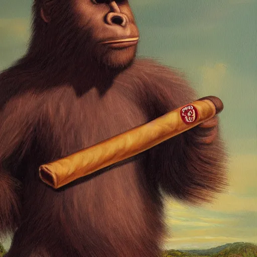 Image similar to bigfoot smoking a cigar, royal portrait, highly detailed, oil painting,