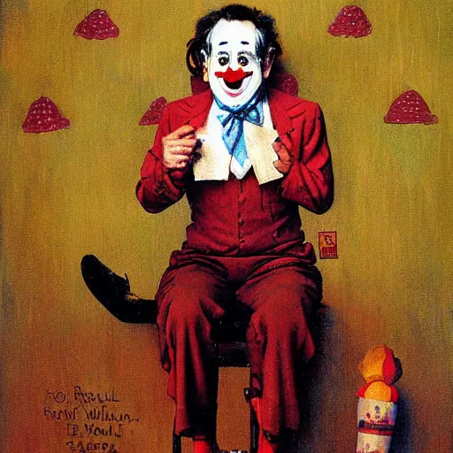 Image similar to Robin Williams as a sad clown painted by Norman Rockwell