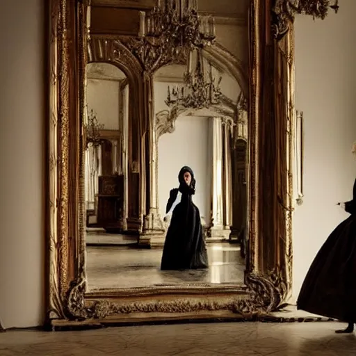Prompt: a beautiful victorian woman is frightened by her doppleganger in a mirror. she is in a long hallway of mirrors. elegant design, haunting atmosphere, dimly lit, gothic, horror style, realistic, low angle, 3 / 4 view.