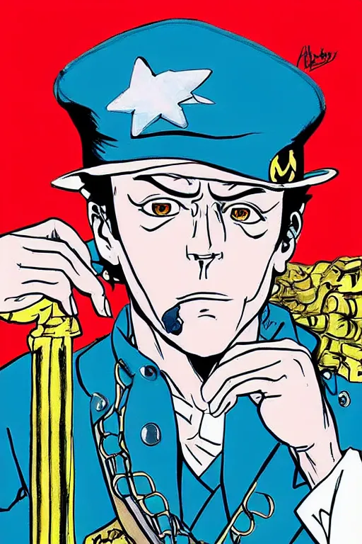 Image similar to Joe Biden as Jotaro Kujo JoJo from JoJo's Bizarre Adventure, anime drawing by Hirohiko Araki, vivid colors, colorful fashion