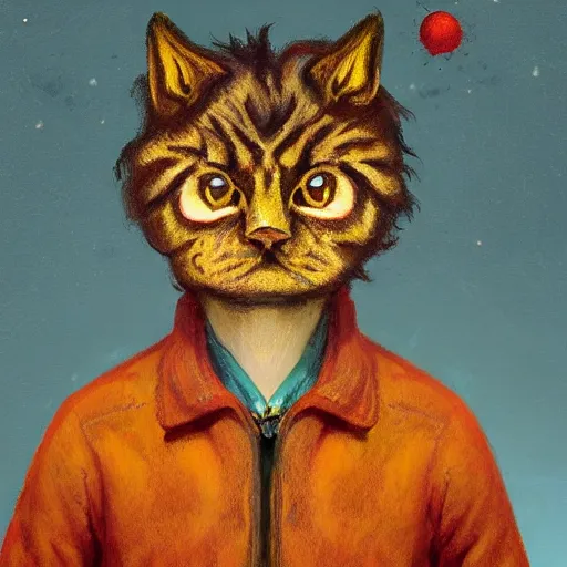 Image similar to portrait of a disillusioned young man, drained of energy by the artistic struggle, by louis wain, simon stalenhag and johanna martine, trending on artstation