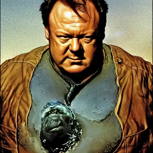 Image similar to dynamic upper body portrait of ray winstone as baron harkonnen in 1982 movie dune, by norman rockwell and boris vallejo